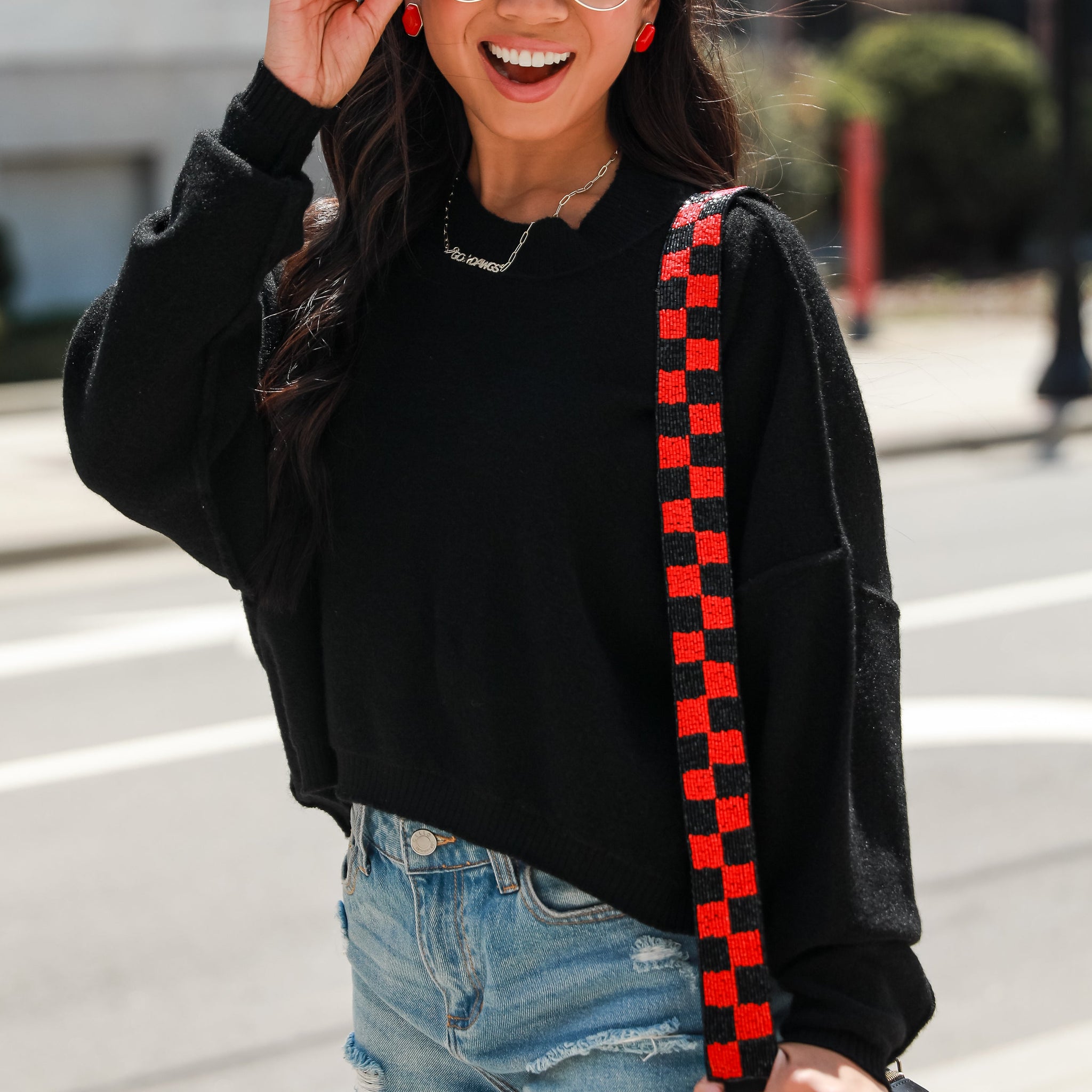 Red + Black Checkered Beaded Purse Strap